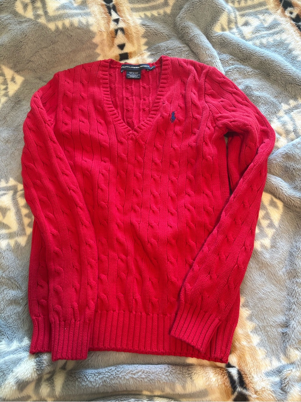Ralph Lauren Red Cable-Knit V-Neck Sweater with Navy Pony Logo